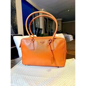 Authentic Prada Orange Saffiano Leather Bauletto Bag Silver Hardware Handbag